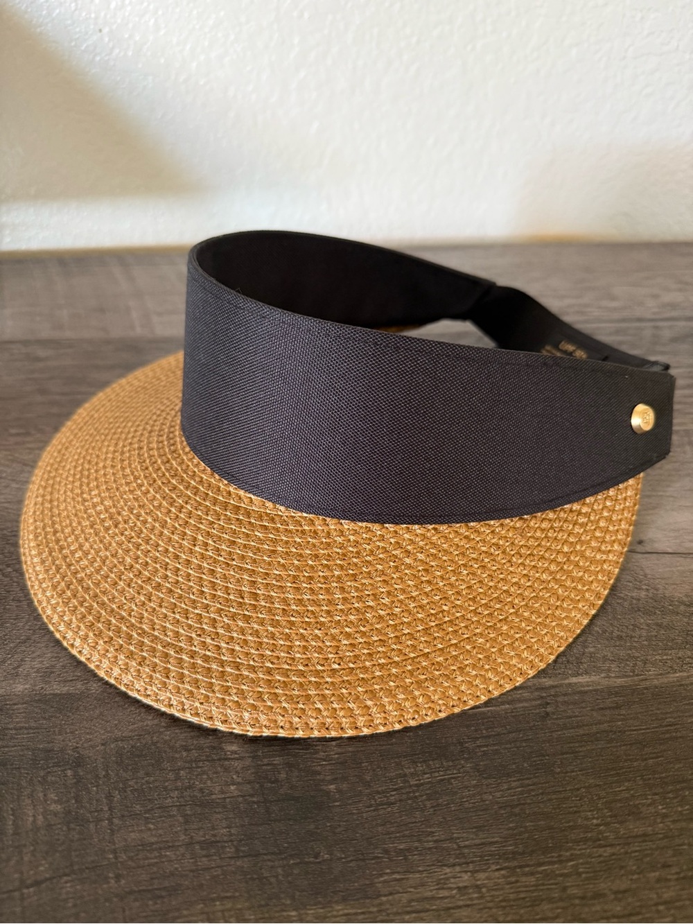 Eric Javits Tan Straw Visor with Black Band